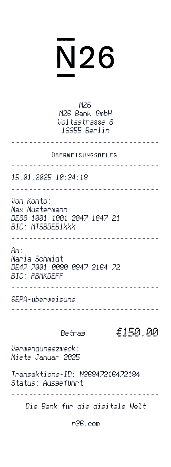 N26 receipt template example - other receipt with itemized details, prices, and payment information