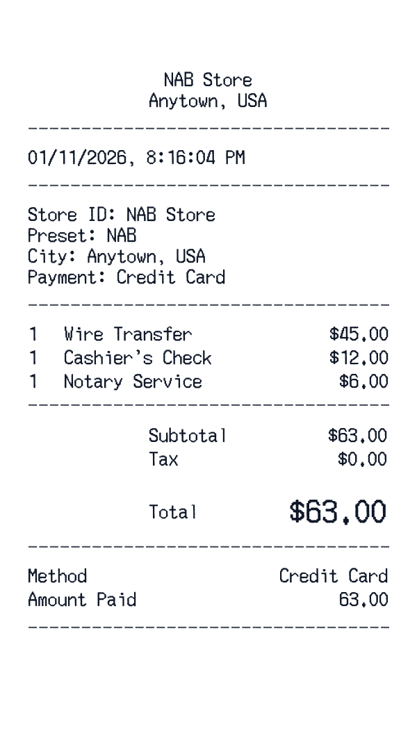 NAB receipt template example - finance receipt with itemized details, prices, and payment information