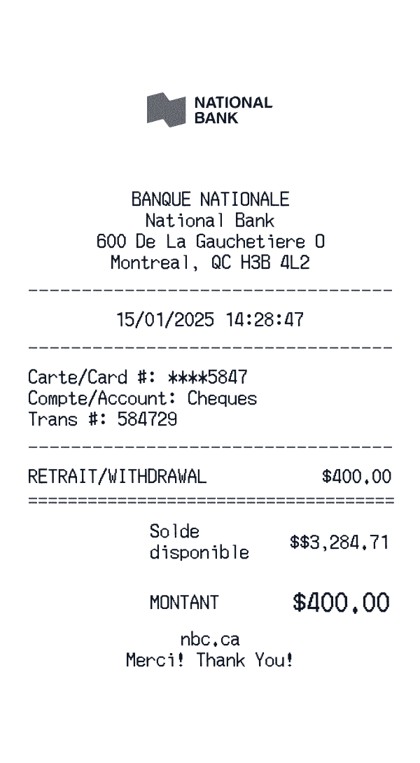 National Bank receipt template example - other receipt with itemized details, prices, and payment information