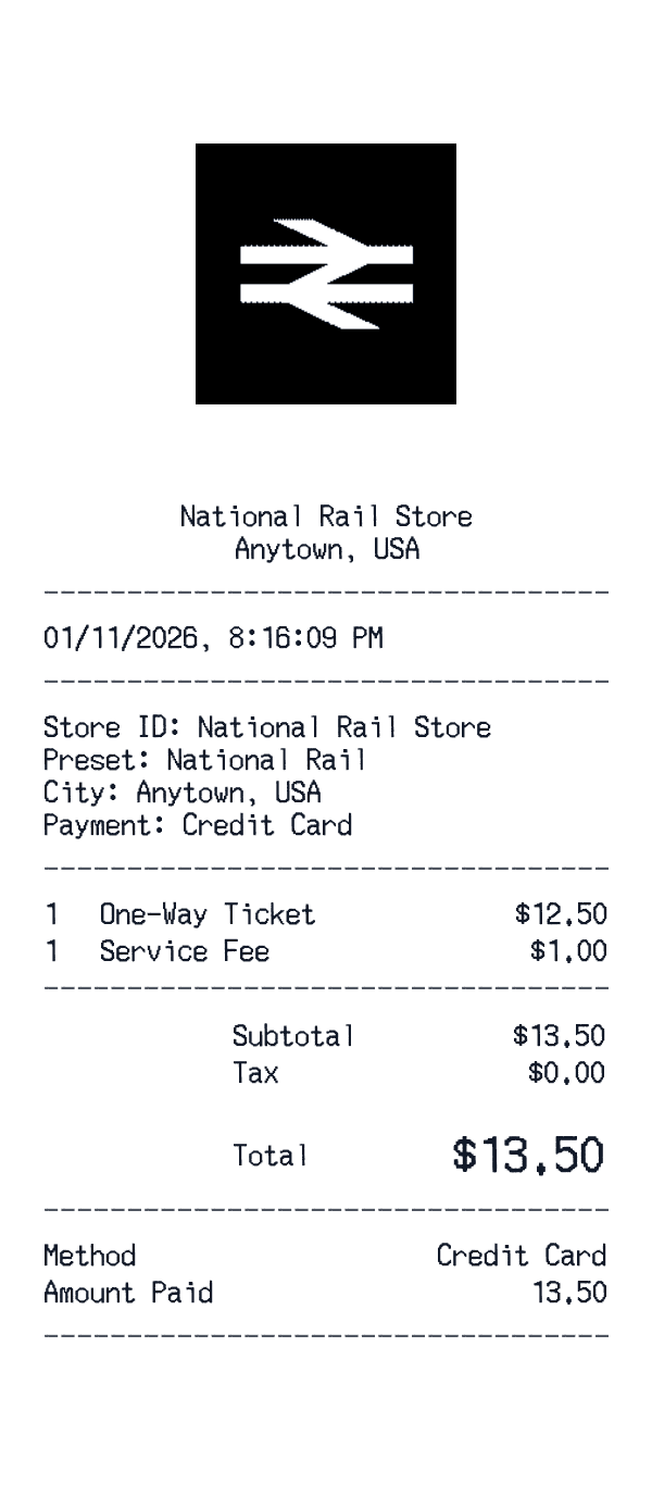 National Rail receipt template example - transportation (bus, rail, tolls) receipt with itemized details, prices, and payment information