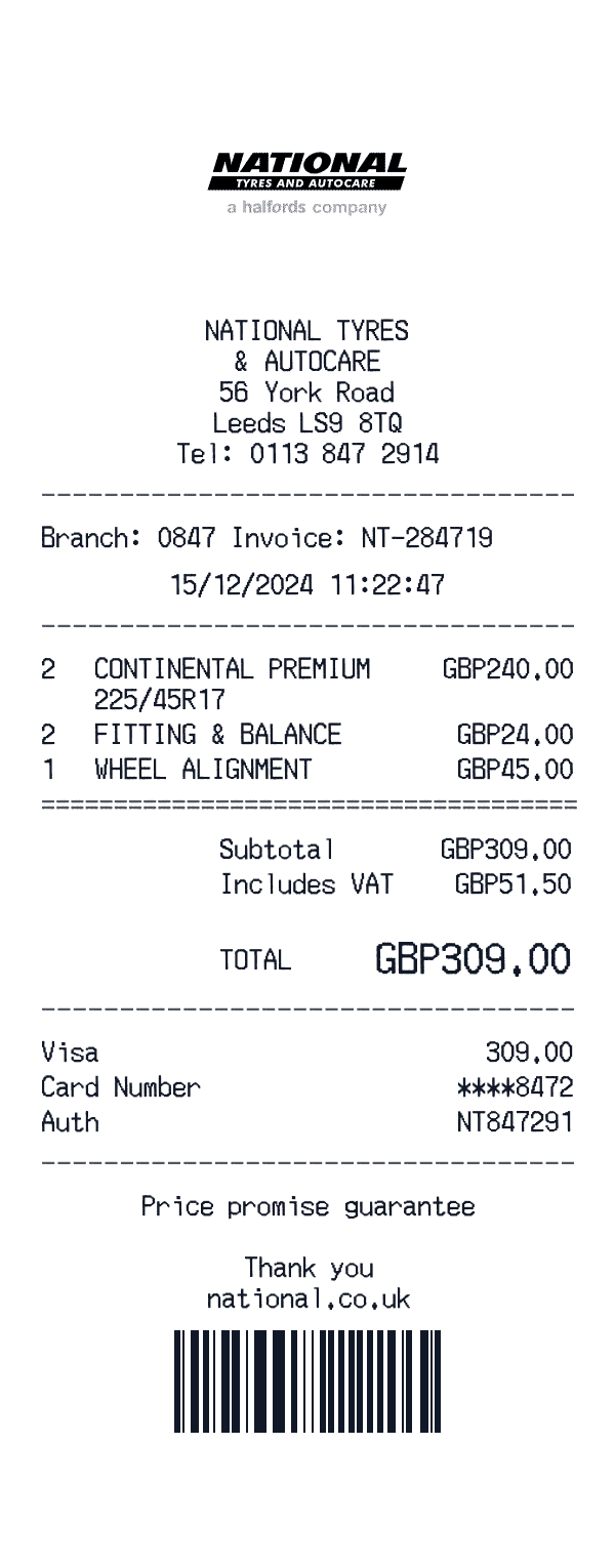 National Tyres receipt template example - auto receipt with itemized details, prices, and payment information