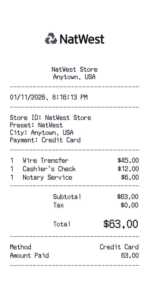 NatWest receipt template example - finance receipt with itemized details, prices, and payment information