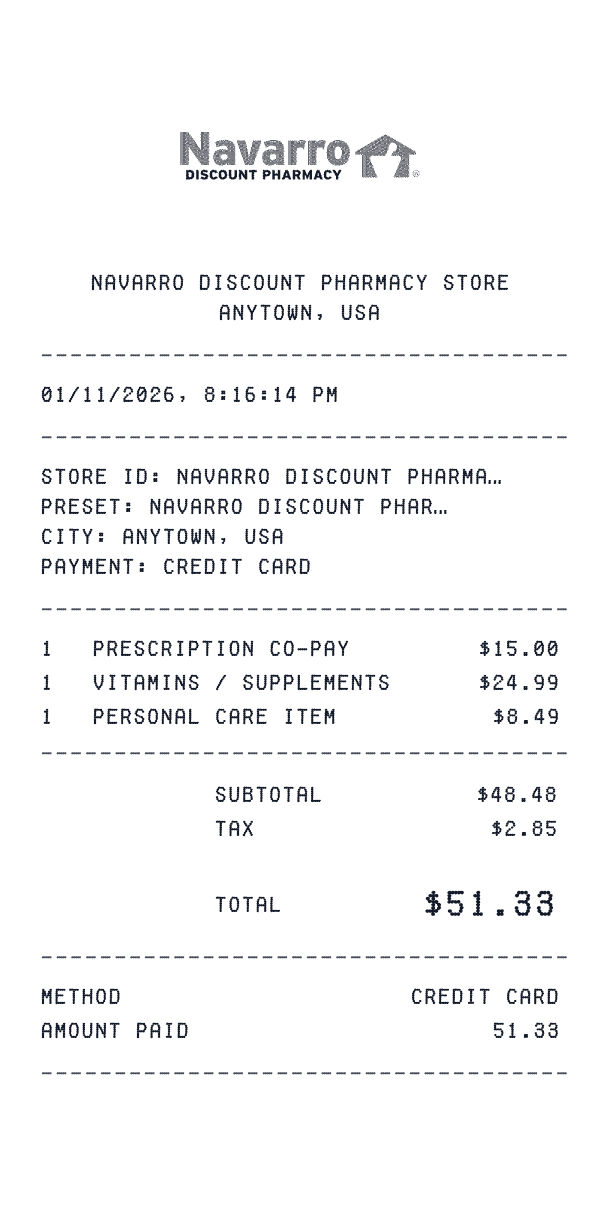Navarro Discount Pharmacy receipt preview
