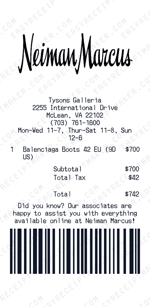 Neiman Marcus receipt preview