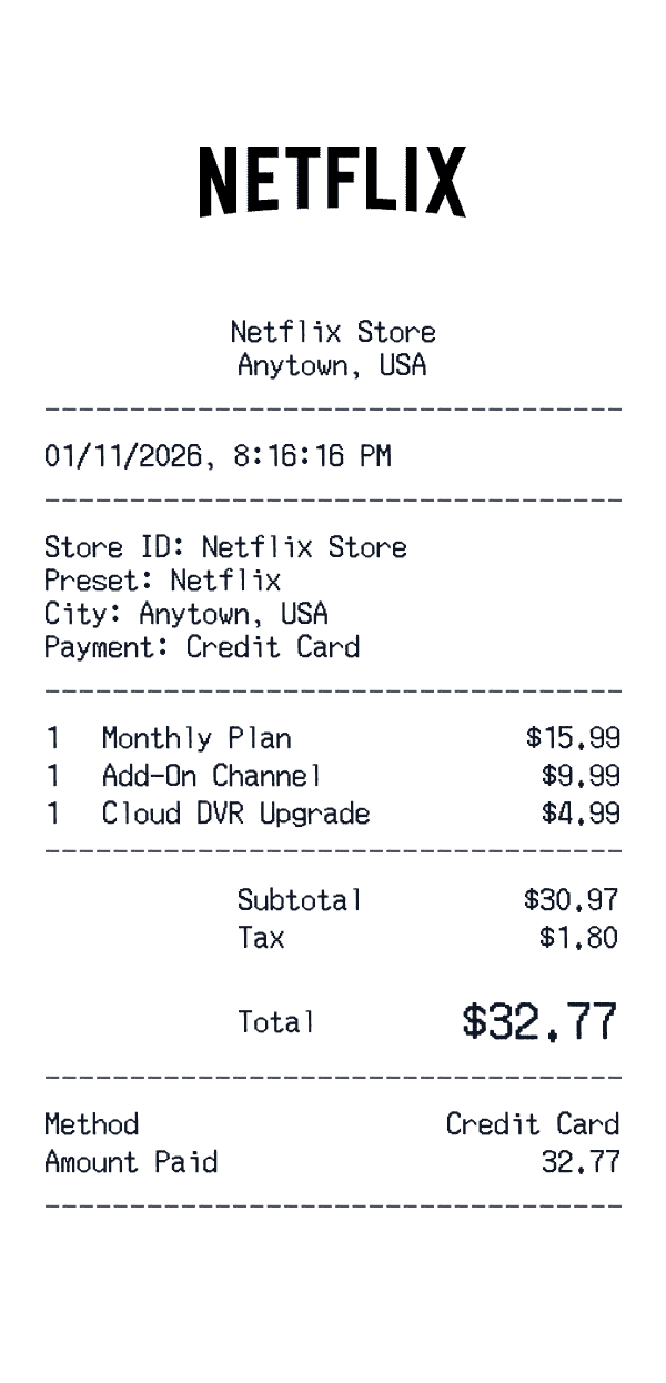Netflix receipt template example - streaming receipt with itemized details, prices, and payment information