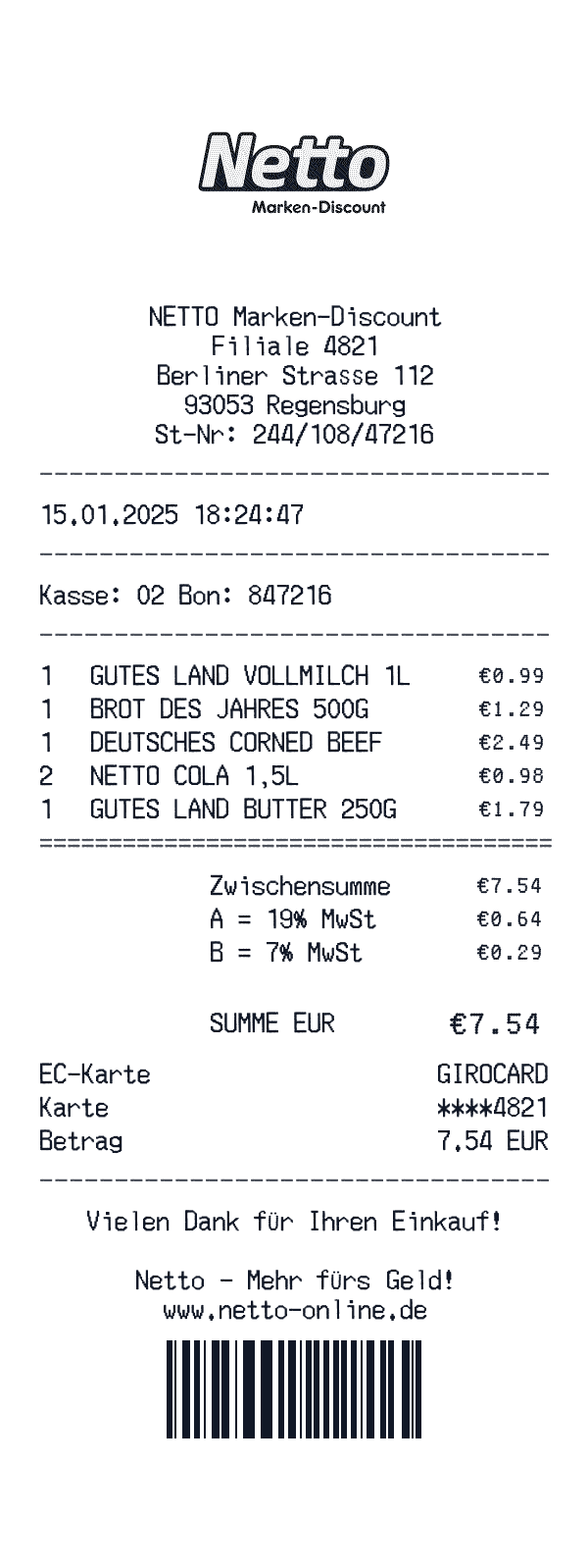 Netto Marken-Discount receipt template example - grocery receipt with itemized details, prices, and payment information