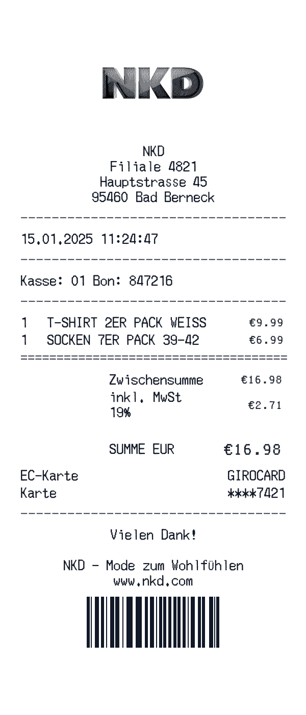 NKD receipt template example - clothing receipt with itemized details, prices, and payment information