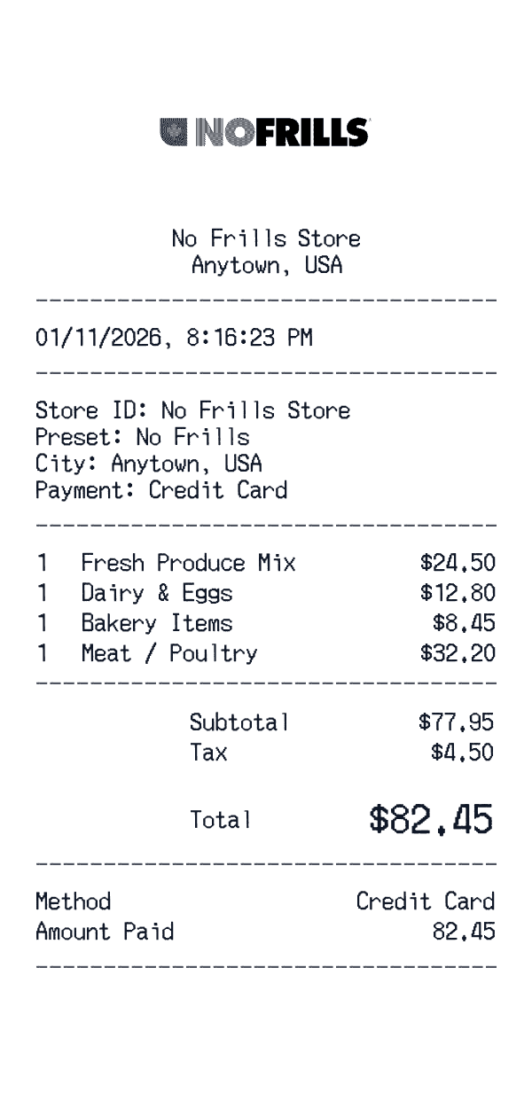 No Frills receipt preview