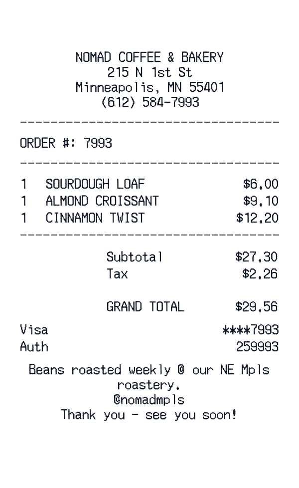 NOMAD Coffee & Bakery receipt template example