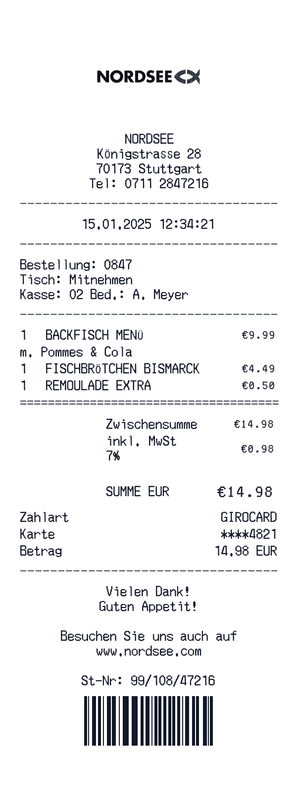 Nordsee receipt template example - fast food receipt with itemized details, prices, and payment information