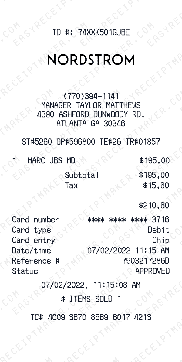 Nordstrom receipt preview
