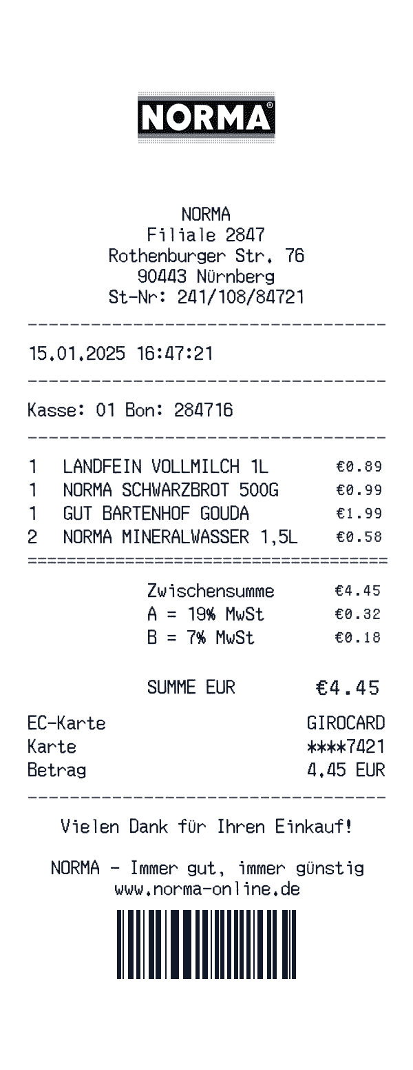 Norma receipt template example - grocery receipt with itemized details, prices, and payment information