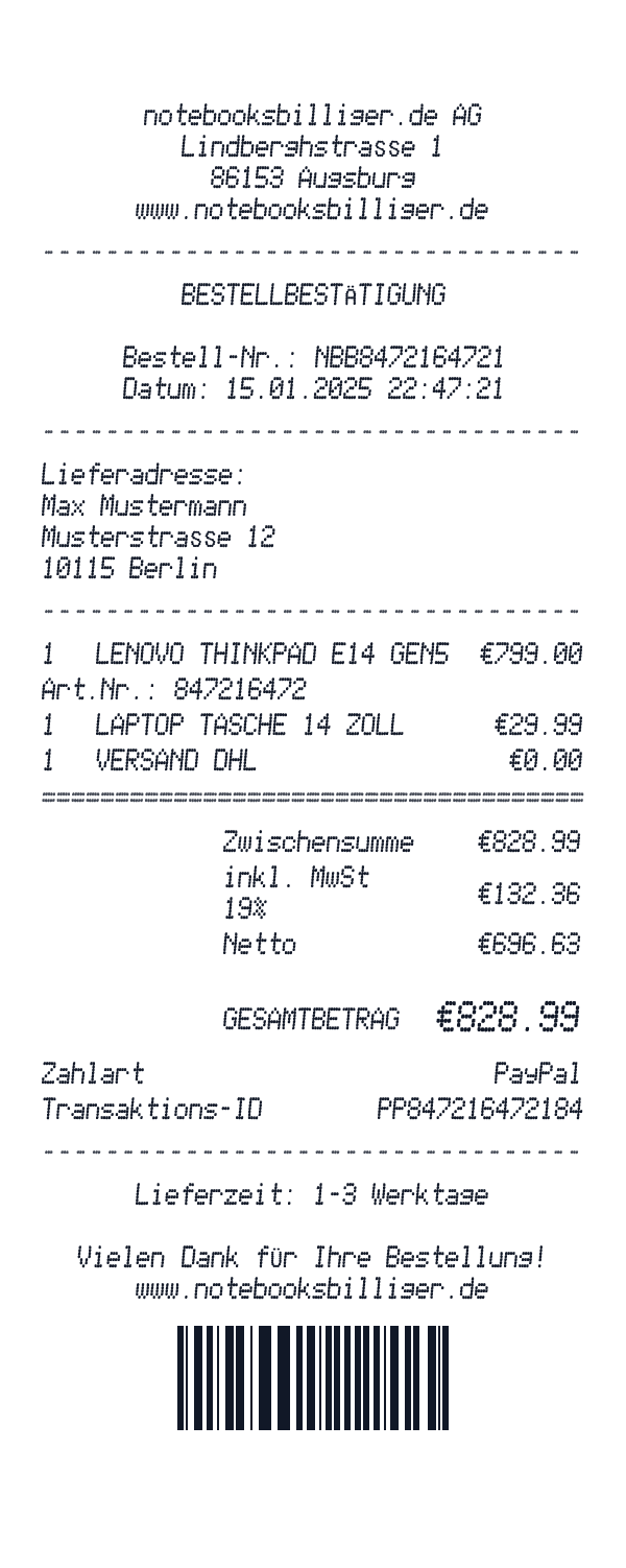 notebooksbilliger.de receipt template example - electronics receipt with itemized details, prices, and payment information