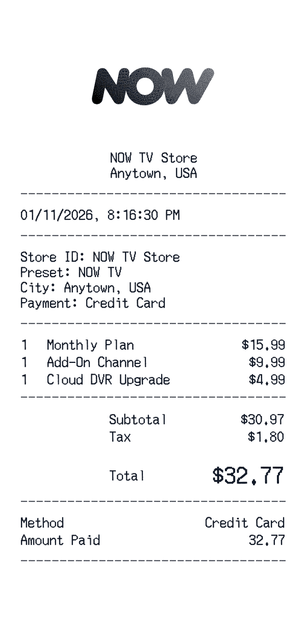 NOW TV receipt template example - streaming receipt with itemized details, prices, and payment information