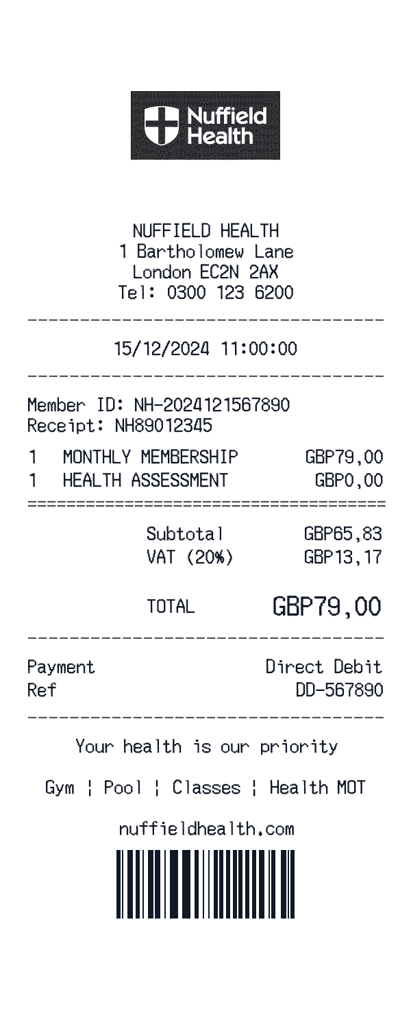 Nuffield Health receipt template example - fitness receipt with itemized details, prices, and payment information