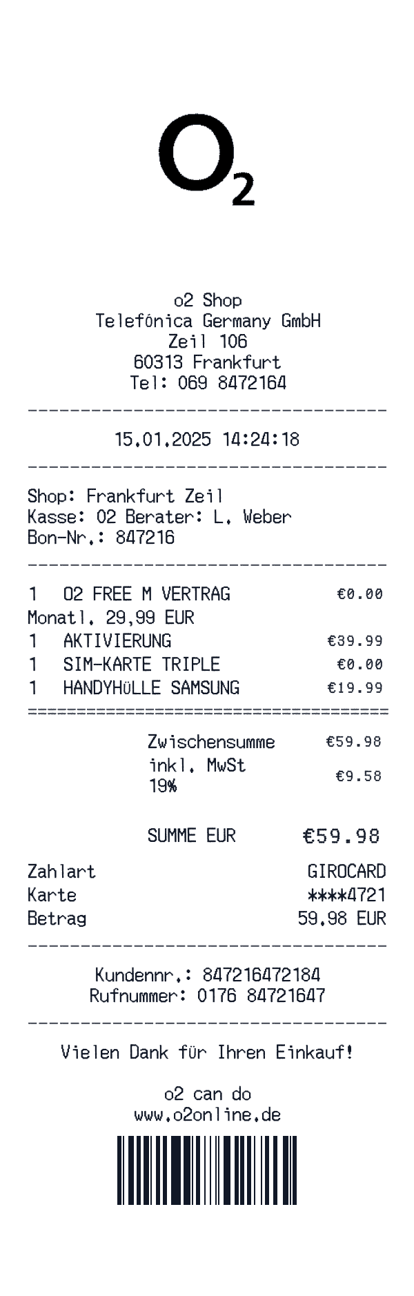 o2 receipt template example - other receipt with itemized details, prices, and payment information