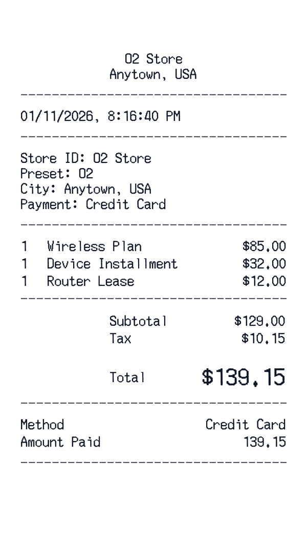 O2 receipt template example - telecom receipt with itemized details, prices, and payment information