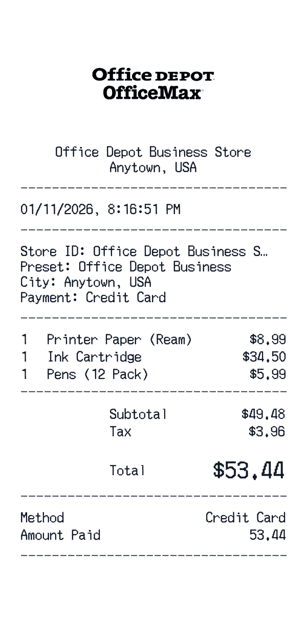 Office Depot Business receipt template example