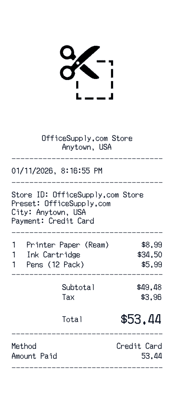 OfficeSupply.com receipt template example