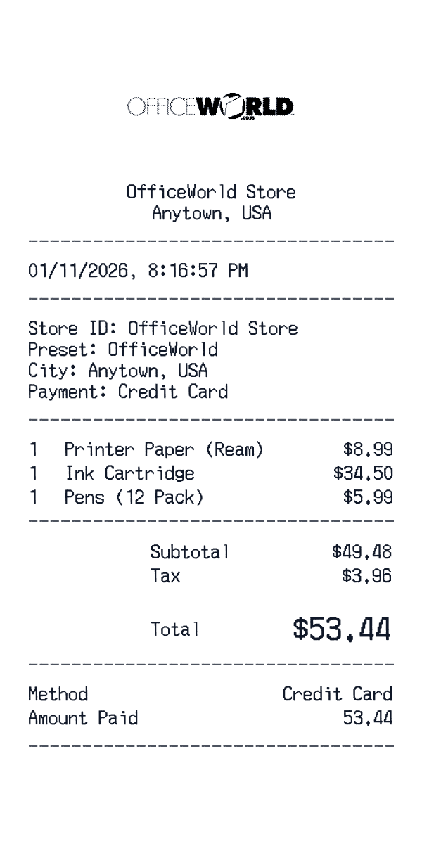 OfficeWorld receipt template example - office receipt with itemized details, prices, and payment information