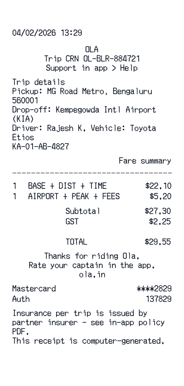 Ola Cab receipt template generator preview