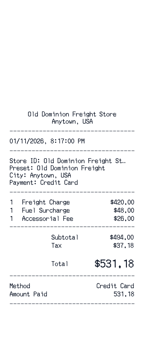 Old Dominion Freight receipt template example - logistics / shipping receipt with itemized details, prices, and payment information