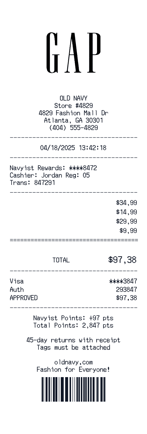 Old Navy receipt preview
