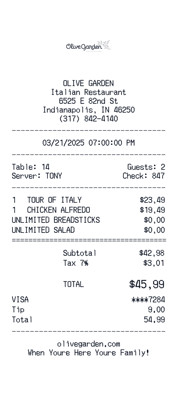 Olive Garden receipt preview
