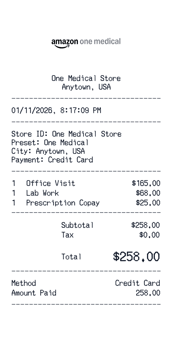 One Medical receipt template example - healthcare receipt with itemized details, prices, and payment information