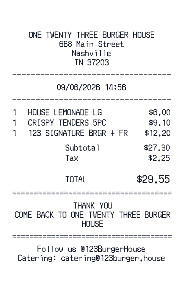 One Twenty Three Burger House receipt template generator preview