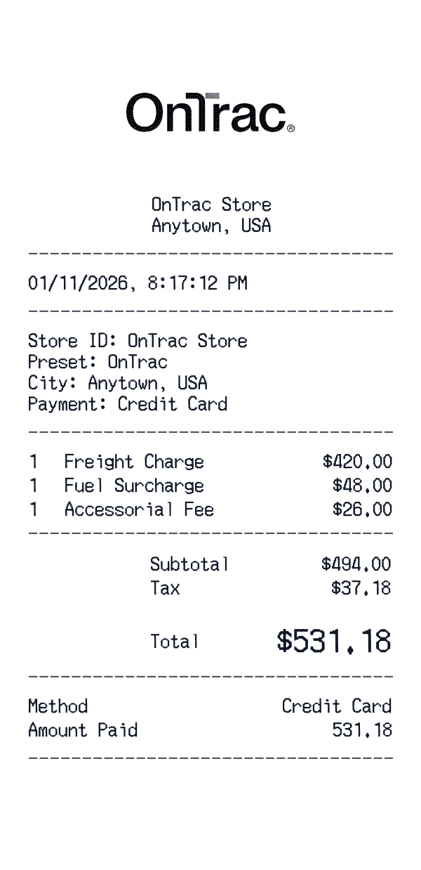 OnTrac receipt template example - logistics / shipping receipt with itemized details, prices, and payment information