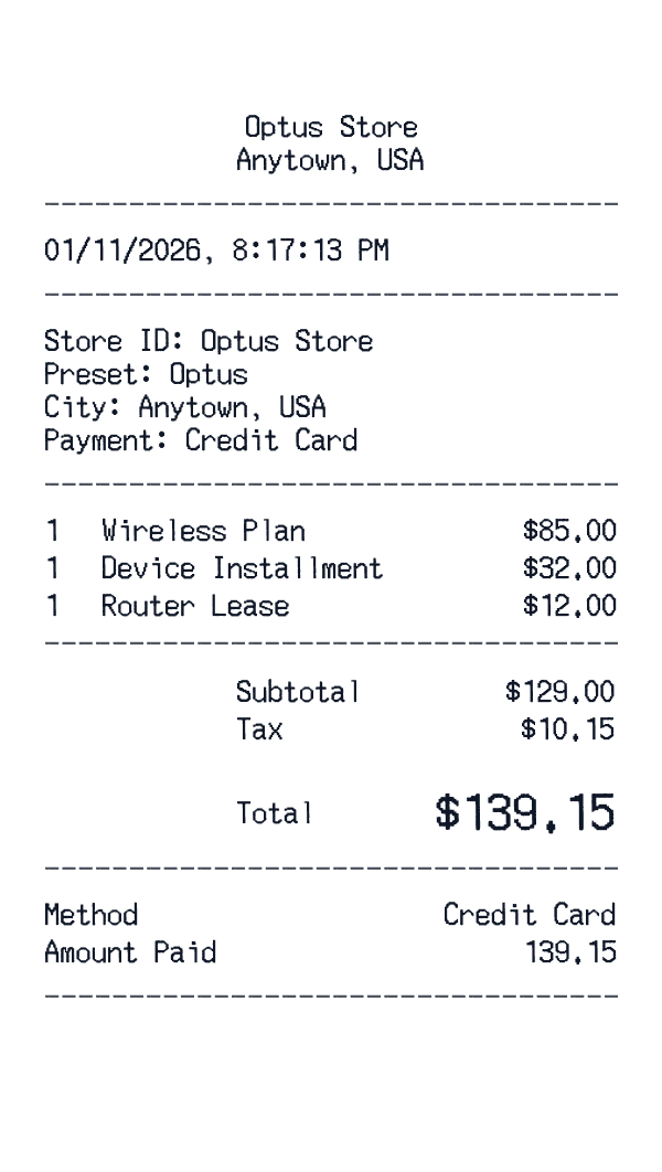 Optus receipt template example - telecom receipt with itemized details, prices, and payment information