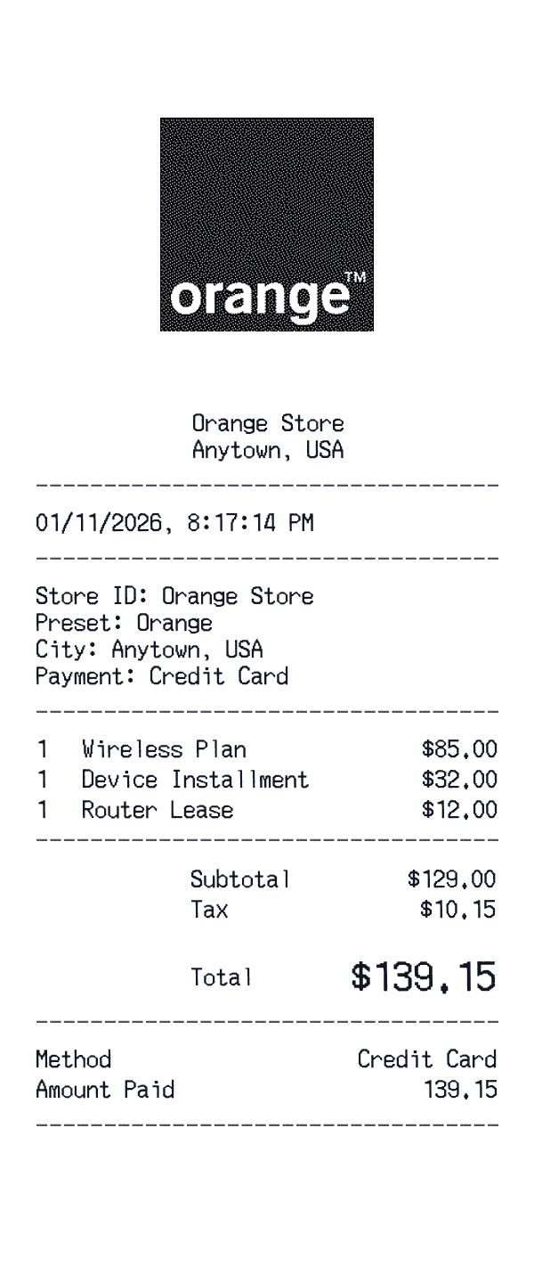 Orange receipt template example - telecom receipt with itemized details, prices, and payment information