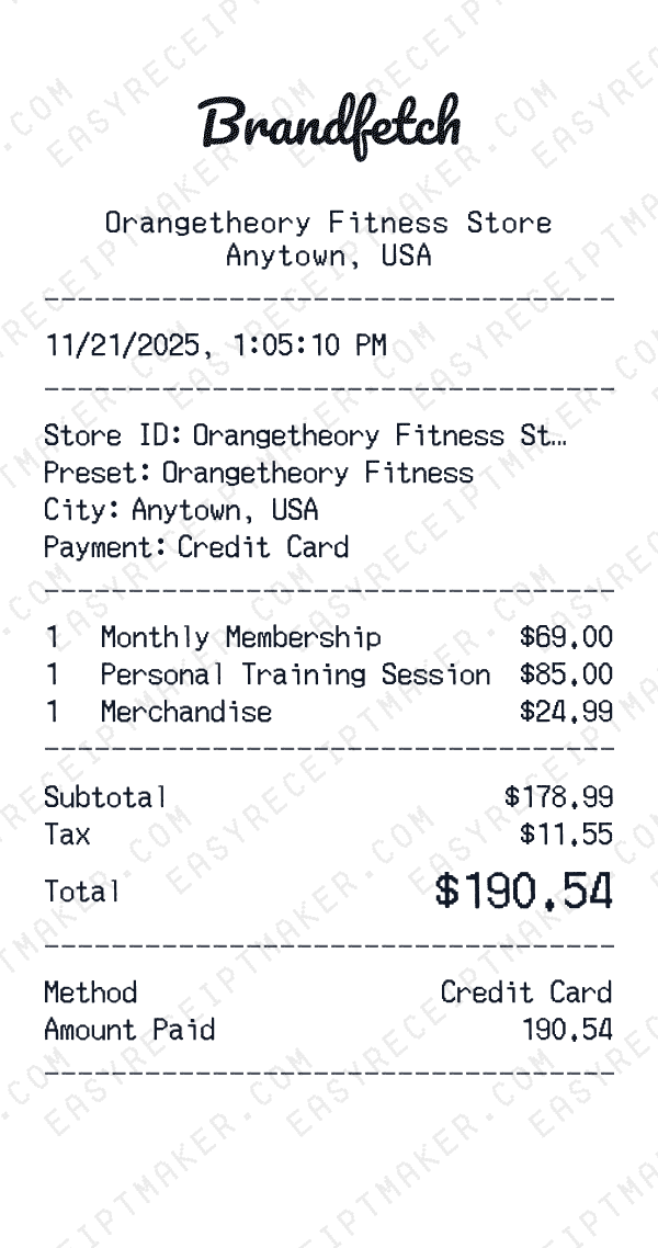 Orangetheory Fitness receipt template generator preview
