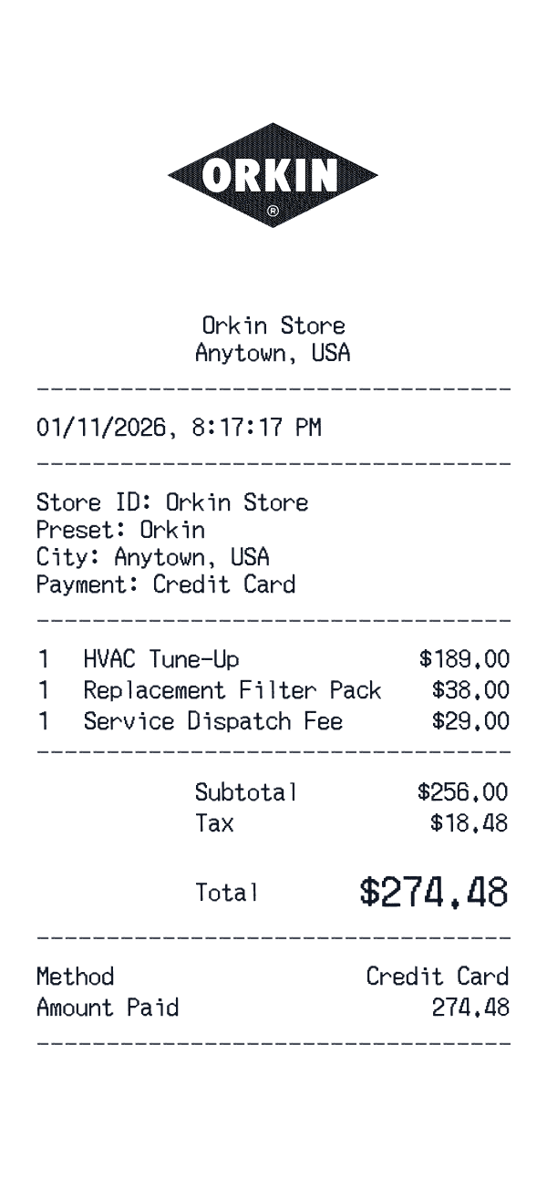 Orkin receipt template example - home services receipt with itemized details, prices, and payment information