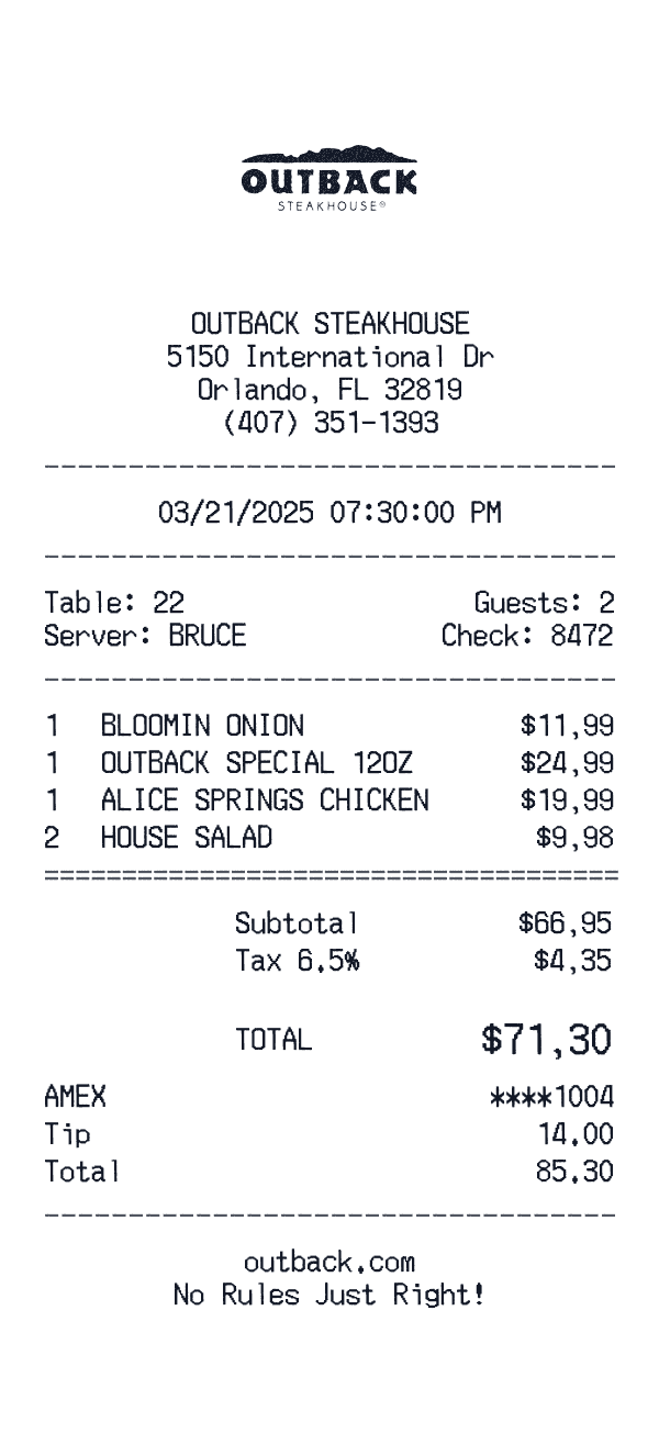 Outback Steakhouse receipt preview