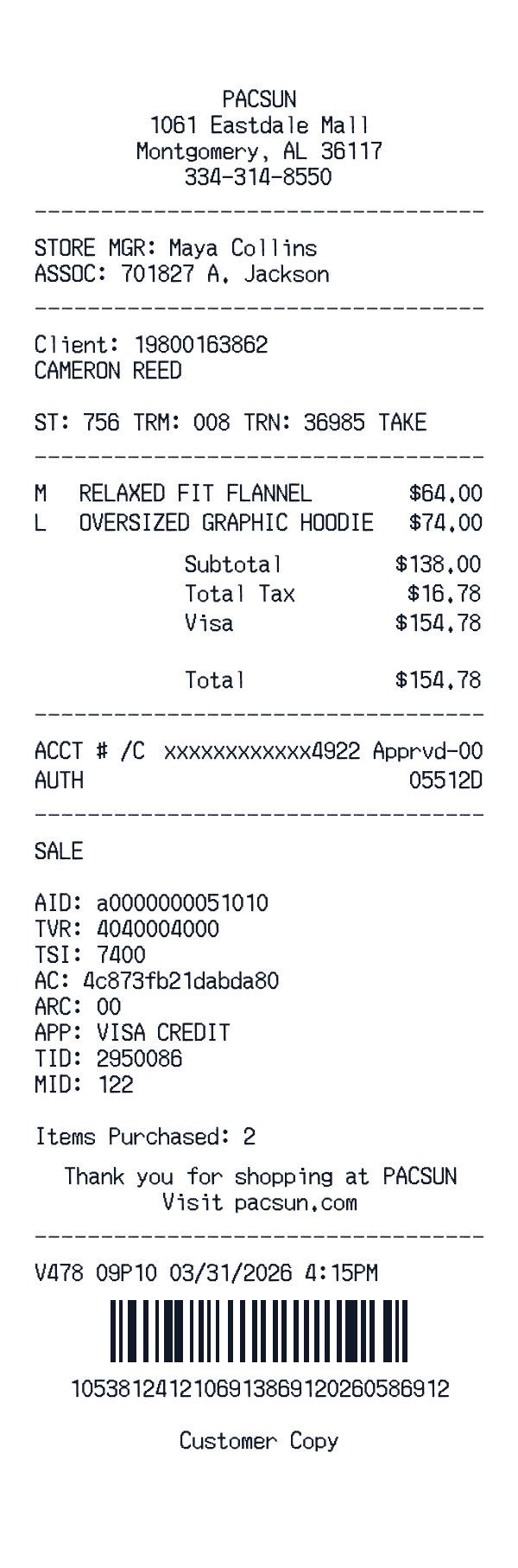 PACSUN receipt template generator preview