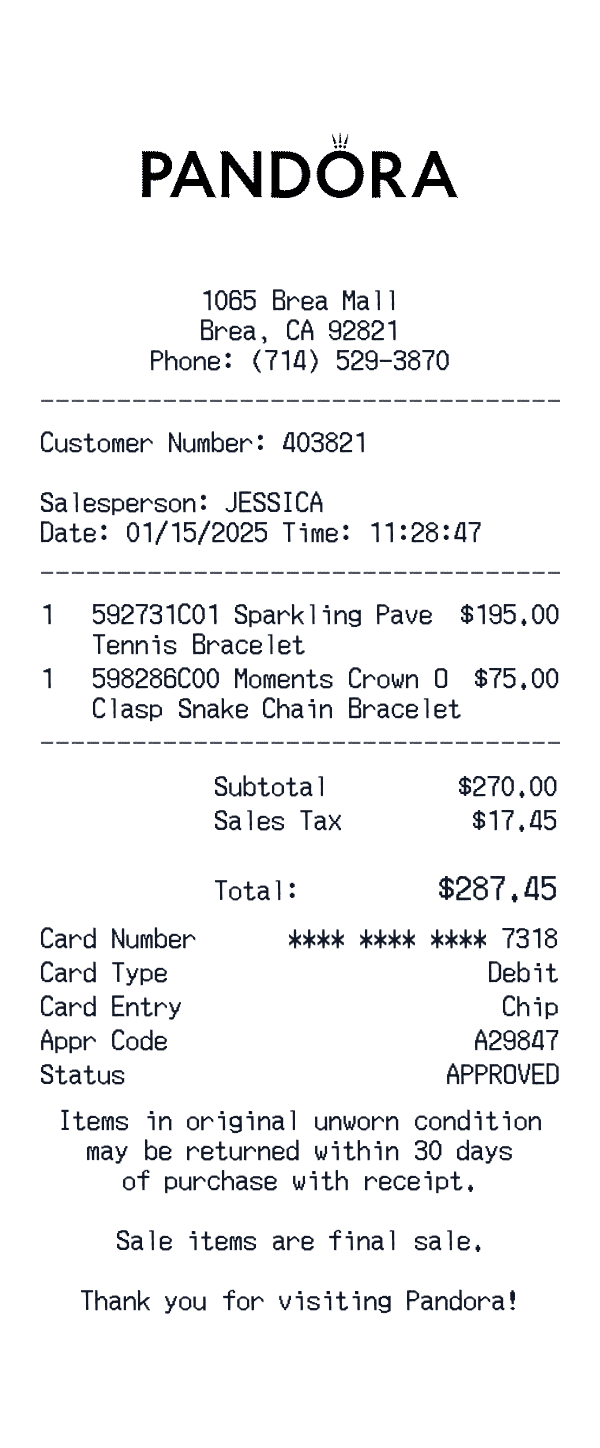 Pandora receipt template example - reseller & luxury receipt with itemized details, prices, and payment information