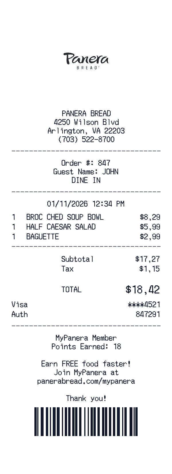Panera Bread receipt template example - bakery receipt with itemized details, prices, and payment information