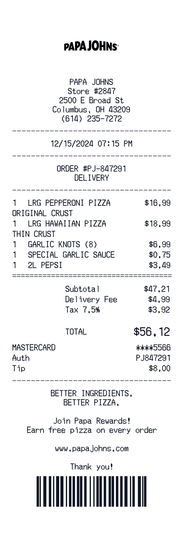 Papa Johns receipt preview