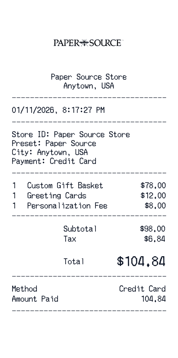 Paper Source receipt template example - gift shop receipt with itemized details, prices, and payment information