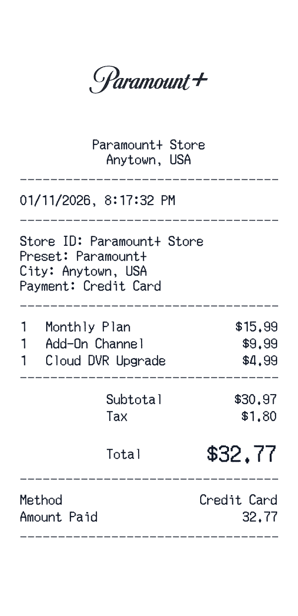 Paramount+ receipt template example - streaming receipt with itemized details, prices, and payment information