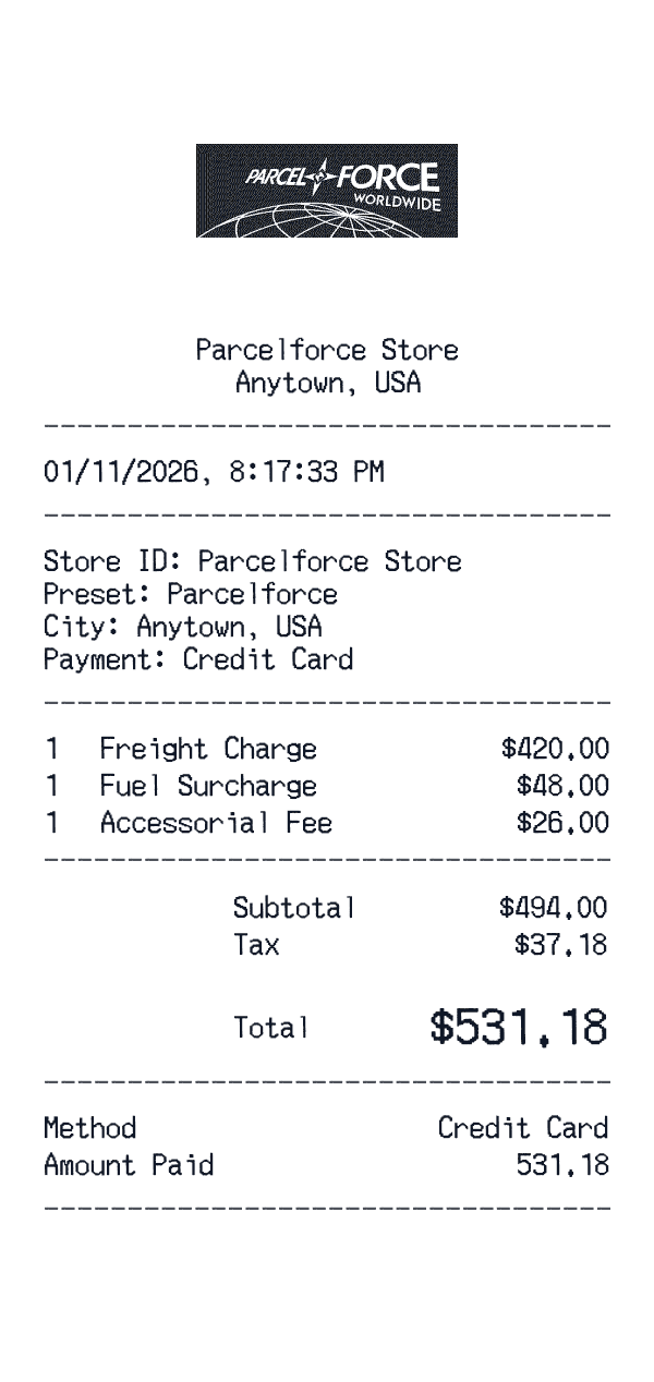 Parcelforce receipt template example - logistics / shipping receipt with itemized details, prices, and payment information