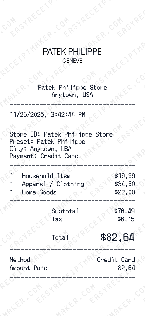 Patek Philippe receipt preview