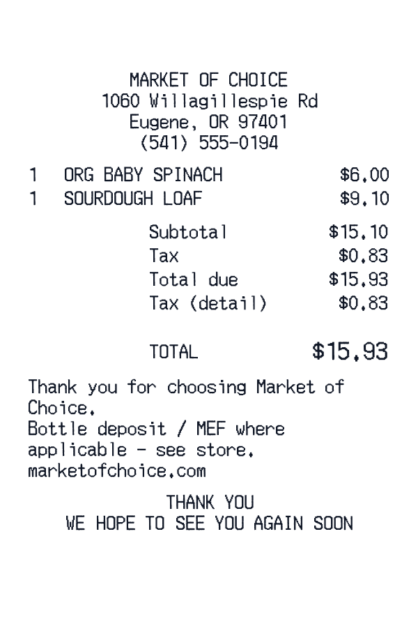 PC Market of Choice receipt template generator preview