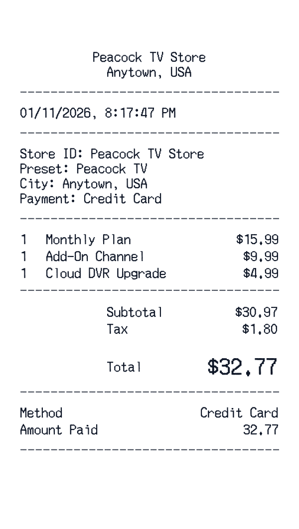 Peacock TV receipt template example - streaming receipt with itemized details, prices, and payment information