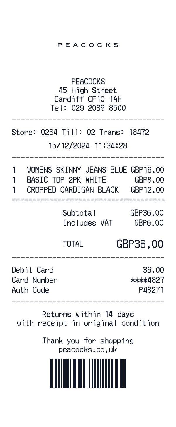 Peacocks receipt preview