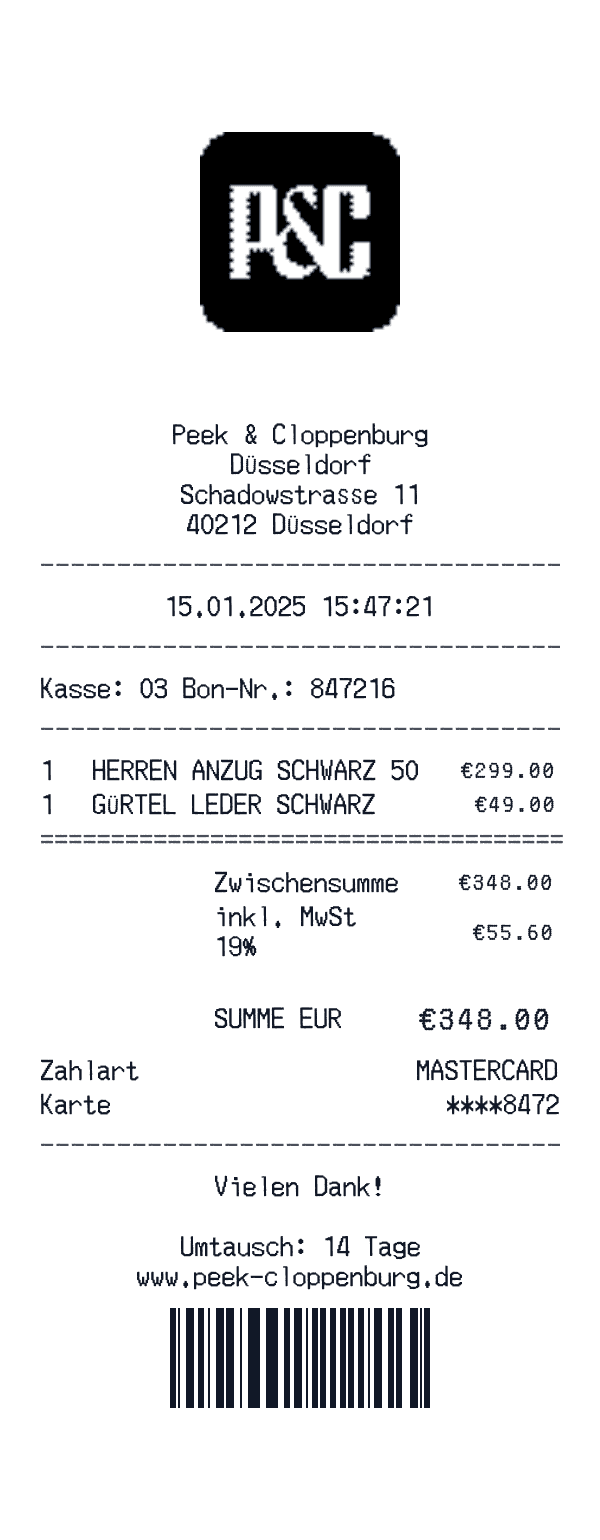 Peek & Cloppenburg receipt template example - clothing receipt with itemized details, prices, and payment information