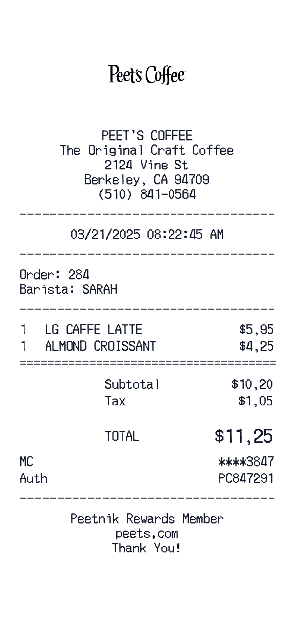 Peet's Coffee receipt template