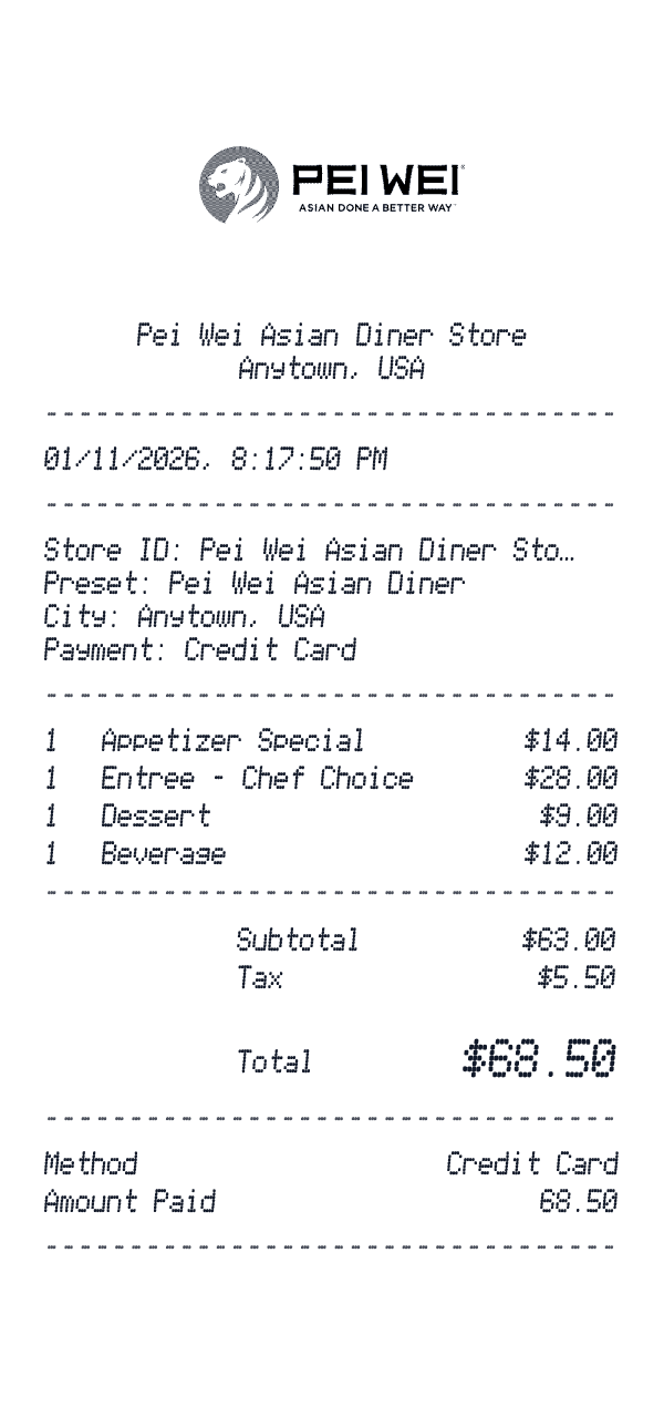 Pei Wei Asian Diner receipt preview
